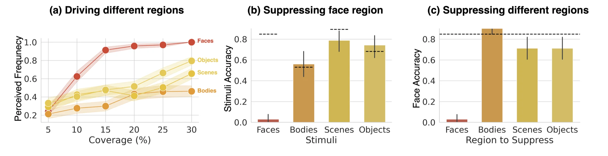 Driving face-selective units in Topo-Omni increases perceived face frequency toward ceiling; suppressing the top 10 percent of face-selective units collapses face-identification accuracy while leaving body, scene, and object recognition intact; suppressing other category regions leaves face accuracy largely unaffected.